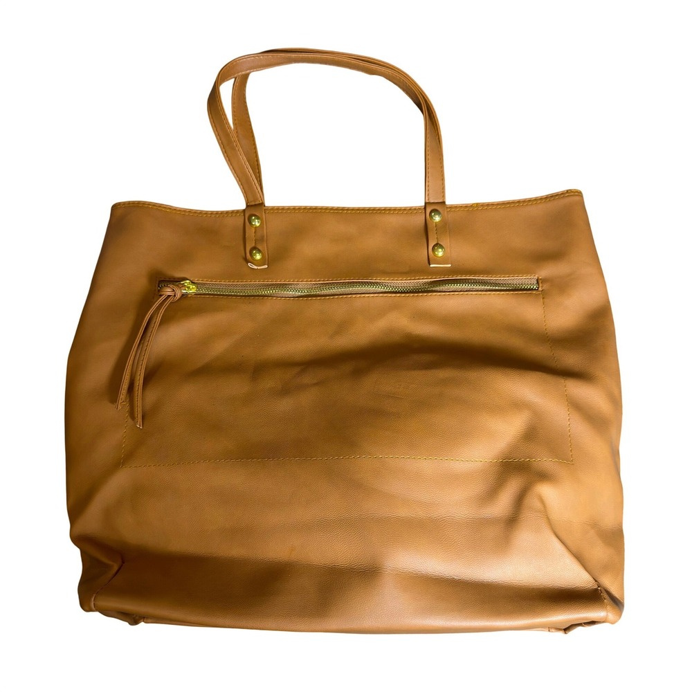 Brown Faux Leather Tote Bag Gold Stud Hardware Zippered Front Pocket Tassel